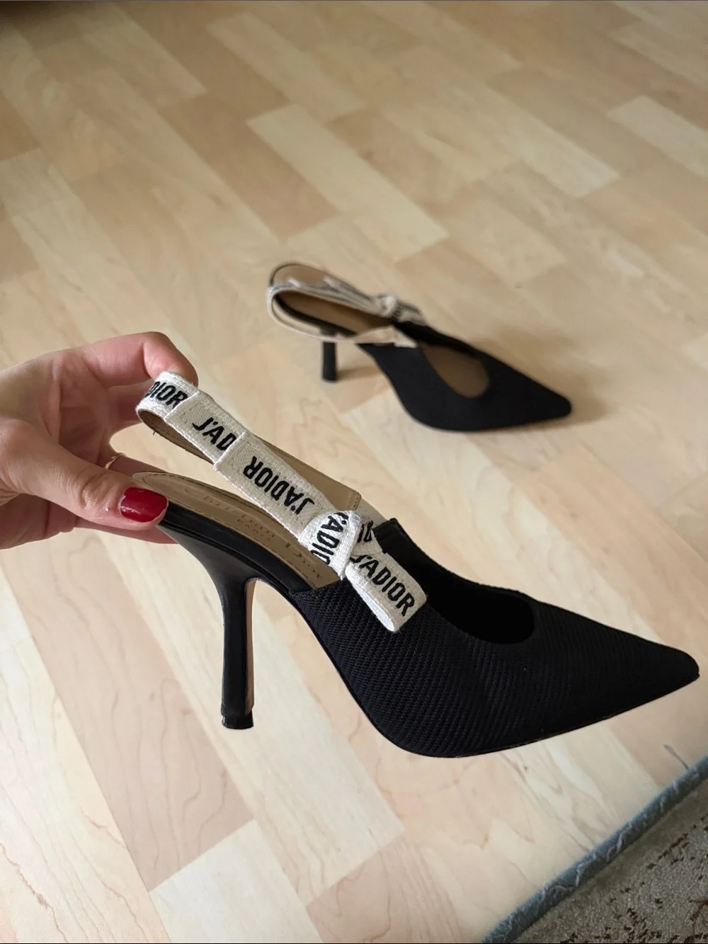 Dior Black Pointed-Toe Slingback Heels with J'Adior Ribbon